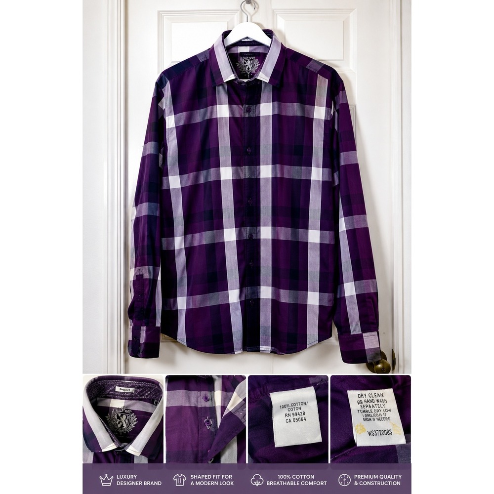 Preppy‎ Plaid Button Down Shirt Purple Shaped Fit Large Bugatchi